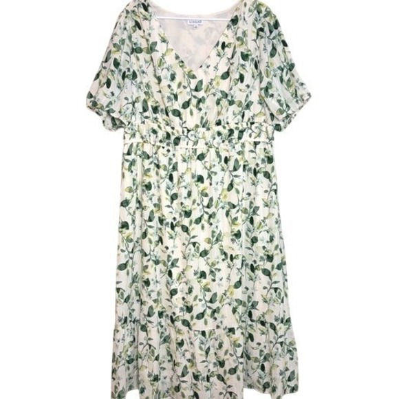 Luxology Dresses & Skirts - Luxology Dress Midi Floral Lemon Print Green Yellow V-Neck Short Sleeve 2X
